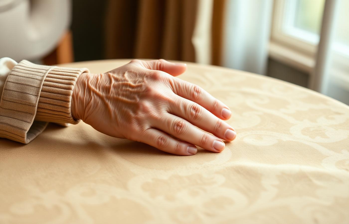 Warm, dignified hands resting together on cream linen